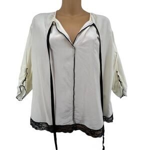 Marc Jacobs 100% Silk Blouse Size 6 Cream Black Lace Tie Front Oversized
